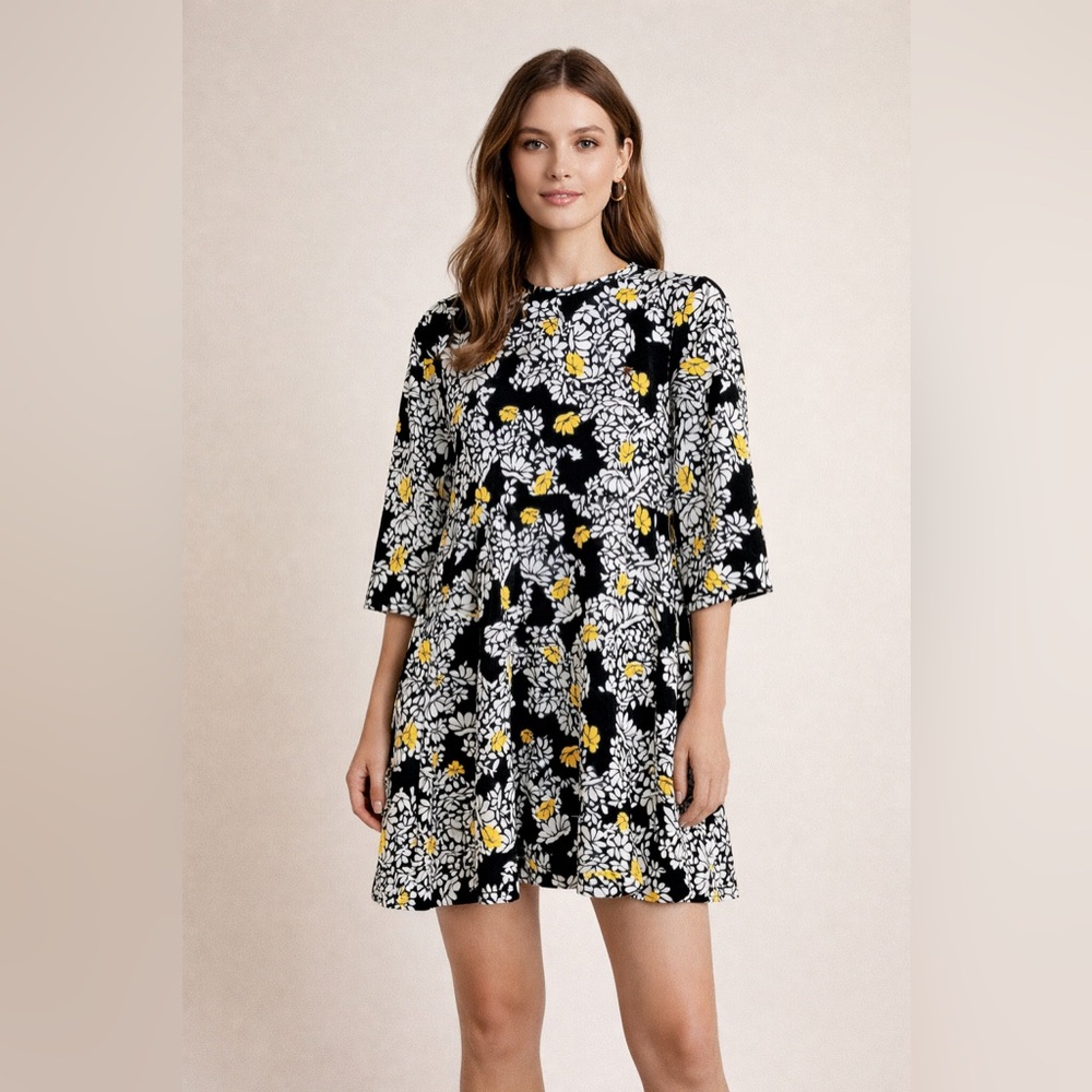 ZARA Basic Floral A-Line Mini Dress – Size Large – Black & Yellow Print